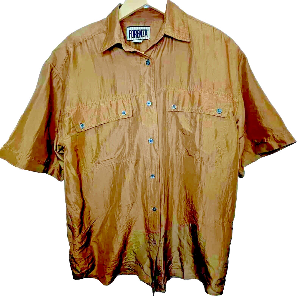 FORENZA Brown Silk Shirt Vintage 90s Double Breasted Removable Shoulder Pads